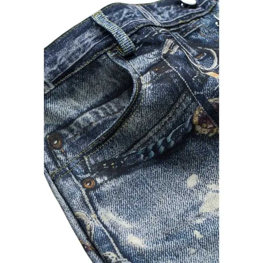 Micas Printed Distressed Denim Effect Wide Leg Trousers 0XL NWT Streetwear